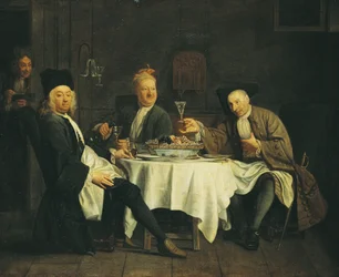 Digteren Alexis Piron (1689-1773) ved bordet med sine venner, Jean Joseph Vade (1720-57) og Charles Colle (1709-83)